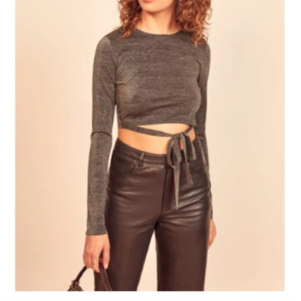 Reformation Black and Gold Tie Front Crop Top